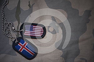 army blank, dog tag with flag of united states of america and iceland on the khaki texture background.