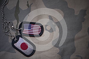 army blank, dog tag with flag of united states of america and japan on the khaki texture background.