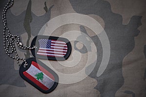 army blank, dog tag with flag of united states of america and lebanon on the khaki texture background.