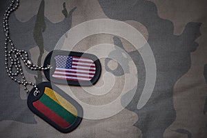 army blank, dog tag with flag of united states of america and lithuania on the khaki texture background.