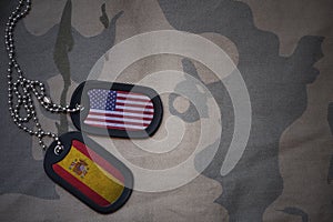 army blank, dog tag with flag of united states of america and spain on the khaki texture background.