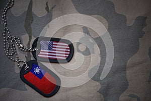 army blank, dog tag with flag of united states of america and taiwan on the khaki texture background.