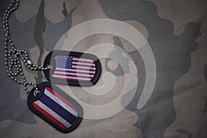 army blank, dog tag with flag of united states of america and thailand on the khaki texture background.