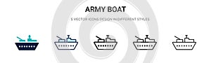 Army boat icon in filled, thin line, outline and stroke style. Vector illustration of two colored and black army boat vector icons