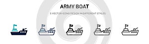 Army boat icon in filled, thin line, outline and stroke style. Vector illustration of two colored and black army boat vector icons