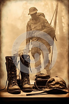 army boots, helmet, and rifle silhouette