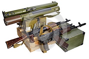 Army box of ammunition with AK47 rifle and ammunition. Text on ammunitions box in russian - cartridge type and caliber with lot