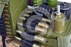 Army box of ammunition with ammo belt and hand grenades