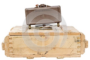 Army box of ammunition with anti-personnel mine. Text on russian - Toward enemy.