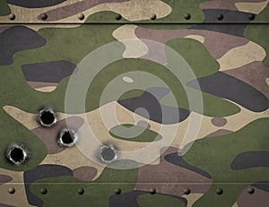 Army camouflage metal armor with bullet holes 3d illustration