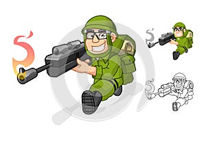 Army Cartoon Character Aiming a Rifle Gun with Shoot Pose