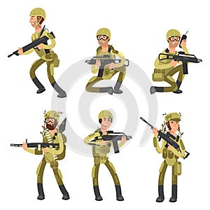 Army cartoon man soldiers in uniform. Military concept vector illustration