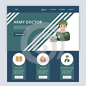 Army doctor flat landing page website template. Battle map, offensive, wounded soldier. Web banner with header, content