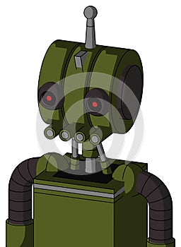 Army-Green Automaton With Multi-Toroid Head And Pipes Mouth And Black Glowing Red Eyes And Single Antenna