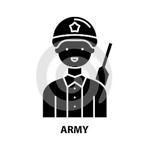 army icon, black vector sign with editable strokes, concept illustration
