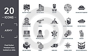 army icon set. include creative elements as military strategy, ovni military transport, blood transfusion, toxic, bombs, robber