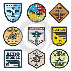 Army jet, aviation, air force vector labels, patch badges, emblems and logos set