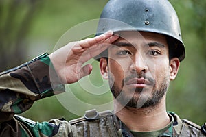 Army, man and salute portrait in military of a veteran with security, protection and battle. Male person, soldier and