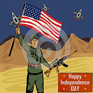 Army man on 4th of July Happy Independence Day America background