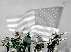 Army men toys with US Flag on background