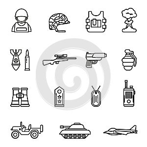 Army and military icon set. Thin Line Style stock vector.