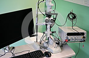 Army mobile laser ophthalmology - eye surgery - laboratory equipment, closeup detail
