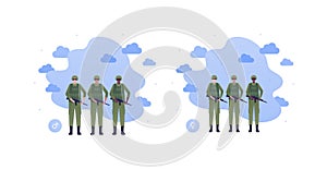 Army patriotism concept. Military infantry character in uniform. Vector flat people illustration. Man and woman group with helmet