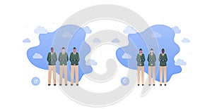 Army patriotism concept. Military infantry officer character in uniform. Vector flat people illustration. Man and woman diverse