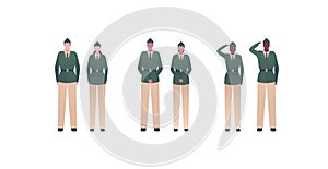 Army patriotism concept. Military infantry officer character in uniform. Vector flat people illustration. Man and woman diverse