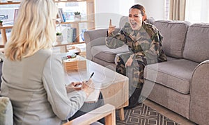 Army, psychology and angry with soldier in therapy shouting for military, war or veteran counseling. Ptsd, support and