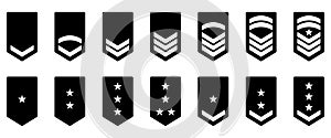 Army Rank Black Silhouette Icon. Military Badge Insignia Symbol. Chevron Star and Stripes Logo. Soldier Sergeant, Major