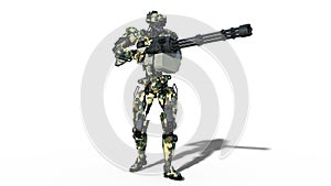 Army robot, armed forces cyborg, military android soldier shooting machine gun on white background, 3D render