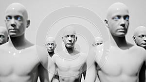 Army of robots. A crowd of cyborg workers marching in formation. 3D animation