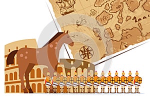 Army of Roman empire, infantry soldiers, old map and horse, vector illustration