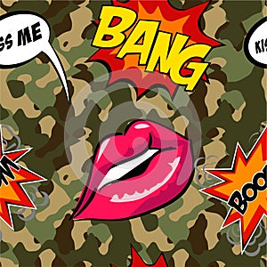 Army seamless pattern. Camouflage print with cool patches. Hand drawn camo fashion background with pop art badges