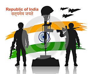 Army soilders on background stylized flag of India