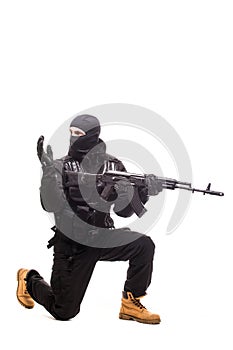 Army soldier man portrait show sign to move on studio isolated on white background