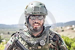 Army soldier, modern combatant shoulder portrait