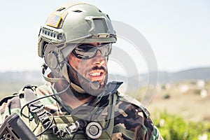 Army soldier, modern combatant shoulder portrait