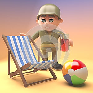 Army soldier relaxes at the beach with a deckchair and drink,, 3d illustration