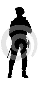 Army soldier with sniper rifle on duty vector silhouette illustration.
