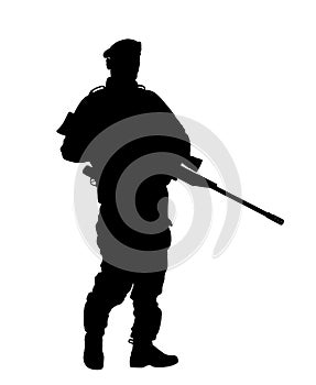 Army soldier with sniper rifle on duty vector silhouette illustration. Independence day. Soldier keeps the watch on guard. Ranger.