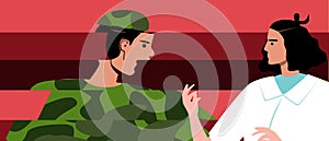 Army soldier in uniform with PTSD, flat vector stock illustration with post-traumatic stress disorder, appatia, depression