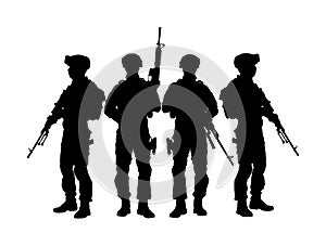 Army soldiers with sniper rifle on duty vector silhouette illustration.