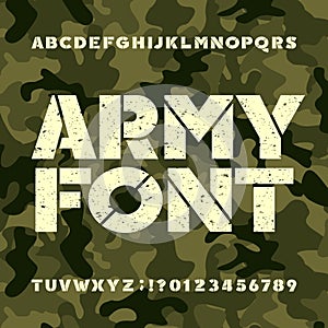 Army stencil alphabet font. Grunge bold letters and numbers on military camo background.