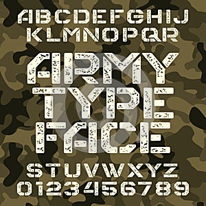 Army stencil alphabet font. Grunge type letters and numbers on military camo background.