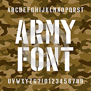 Army stencil alphabet font. Type letters and numbers on distressed camo seamless background.