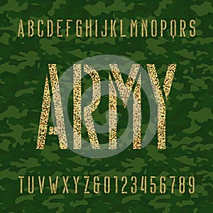 Army stencil alphabet font. Type letters and numbers on a green camo seamless background.