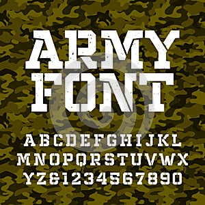 Army stencil alphabet font. Type letters and numbers on a green camo seamless background.