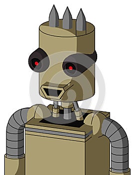 Army-Tan Automaton With Cylinder Head And Happy Mouth And Black Glowing Red Eyes And Three Spiked